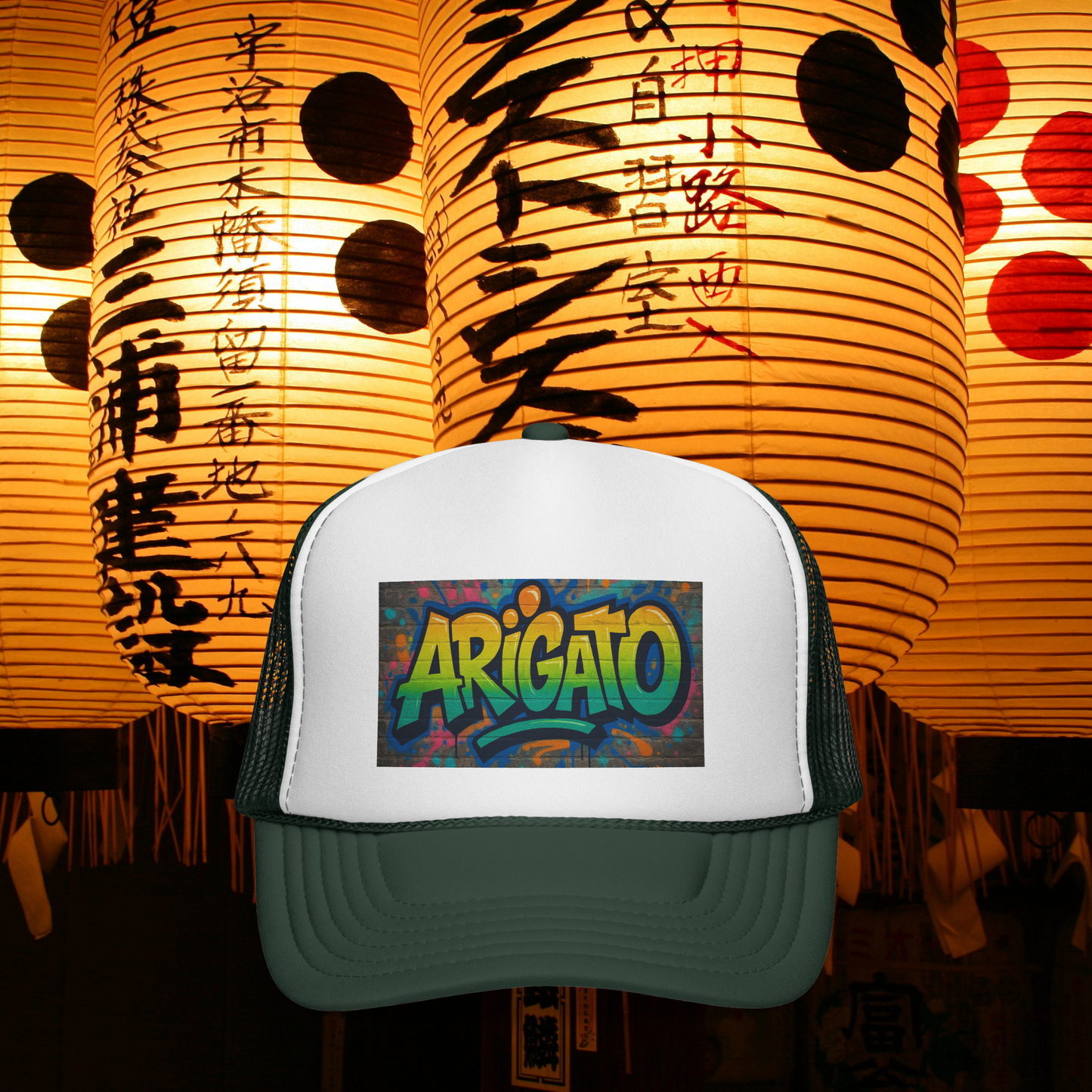 Arigato Graffiti Trucker Hat Japanese Streetwear Snapback, Urban Festival Cap, Colorful Hip Hop Style
