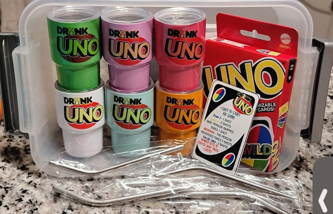 DRUNK UNO (SET OF 6 - 3 oz) MINI TUMBLERS & UNO DECK
