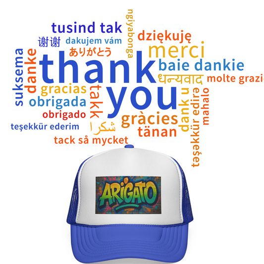 Arigato Graffiti Trucker Hat Japanese Streetwear Snapback, Urban Festival Cap, Colorful Hip Hop Style