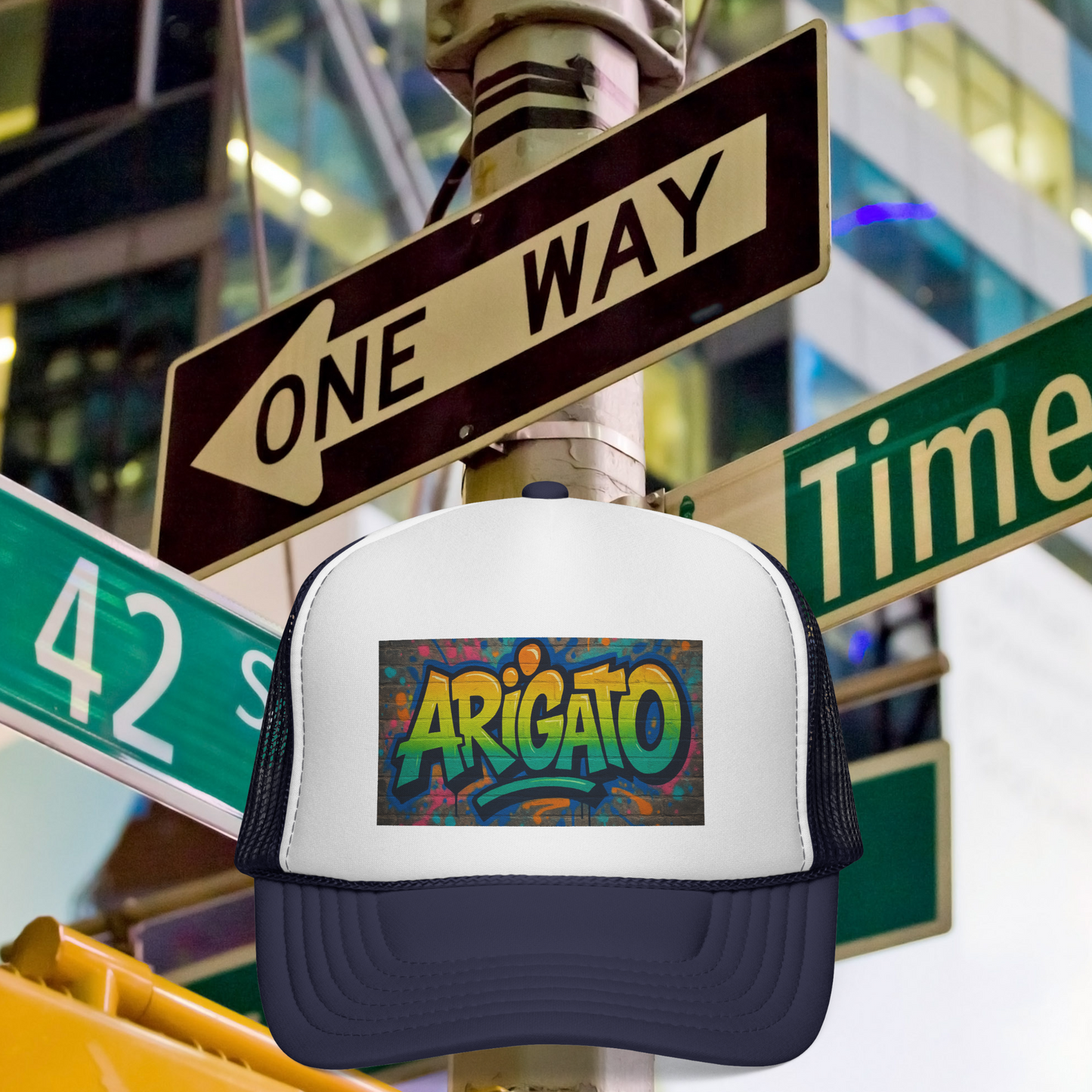 Arigato Graffiti Trucker Hat Japanese Streetwear Snapback, Urban Festival Cap, Colorful Hip Hop Style