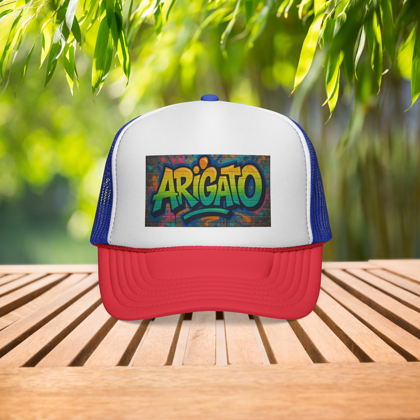 Arigato Graffiti Trucker Hat Japanese Streetwear Snapback, Urban Festival Cap, Colorful Hip Hop Style