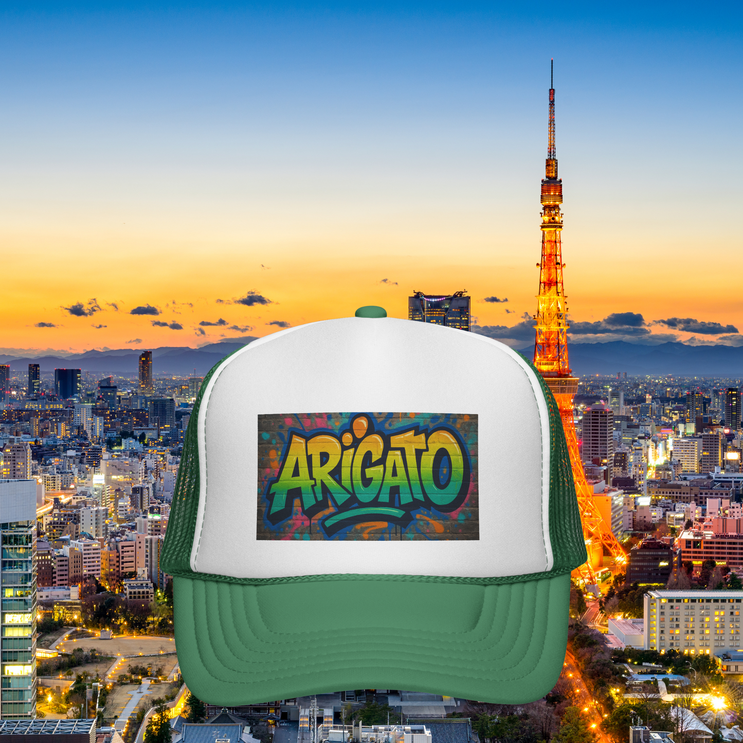 Arigato Graffiti Trucker Hat Japanese Streetwear Snapback, Urban Festival Cap, Colorful Hip Hop Style
